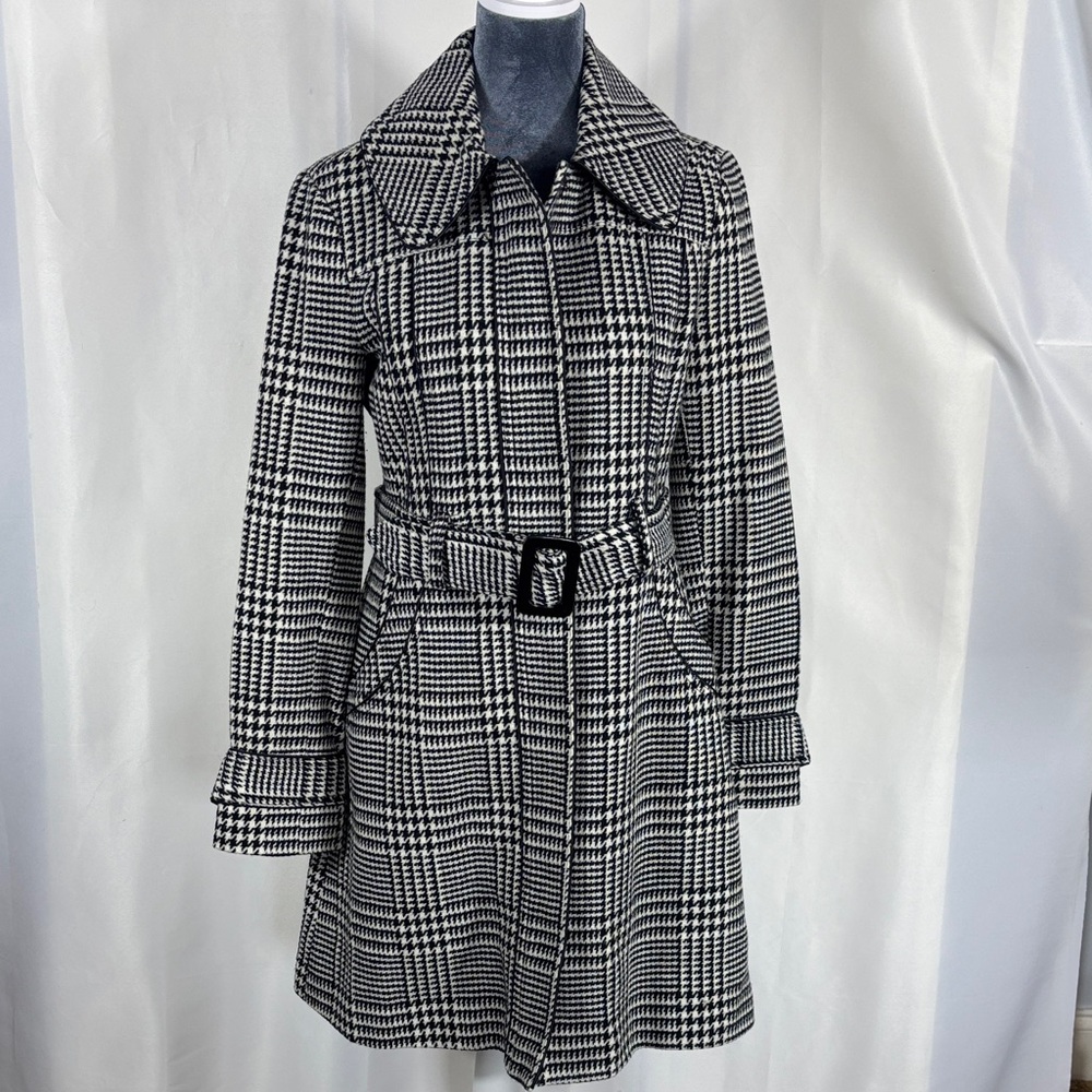 Guess Black & White Houndstooth Plaid Belted Trench Coat